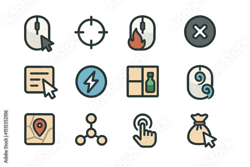 Varied computer mouse icons with functions and actions in flat design