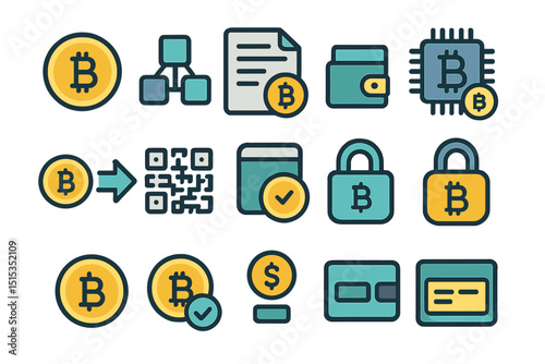 Bitcoin cryptocurrency icons: blockchain, wallet, security, transaction, qr code