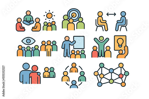 Diverse teamwork and collaboration icons with interactive concepts