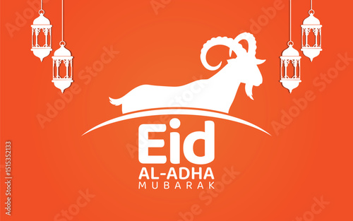 Eid al adha celebration graphic with goat and lanterns on orange background, islamic festival design, traditional holiday artwork for greetings