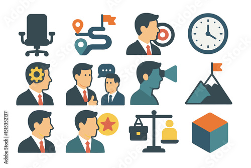 Business icon set with male figures and office elements