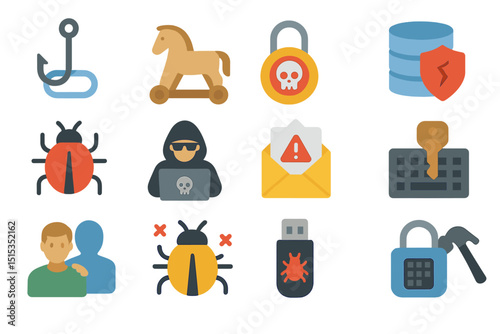 Cybersecurity threat icons - phishing, malware, data breach illustrations