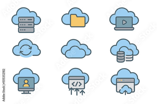 Cloud computing icons representing storage, sync, media, and development