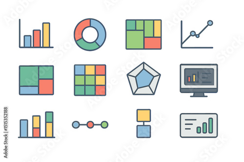 Colorful data visualization icons in modern geometric designs