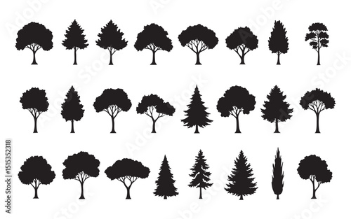 Diverse tree silhouettes collection, various plant shapes vector file, natural landscape elements isolated on transparent background, ideal for forest designs and architectural renderings