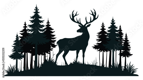 Majestic Stag in the Wilderness: A silhouette of a grand stag stands proudly amidst a grove of evergreen trees, embodying the untamed spirit of the wilderness.
