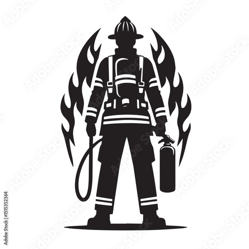 Black Color Fireman Silhouette Vector Illustration, Solid White Background