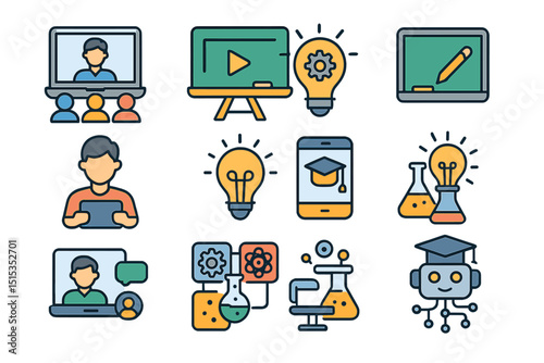 Online learning icons with technology and education elements