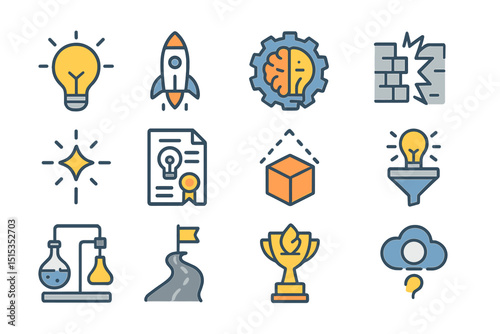 Innovative icons illustrated: lightbulb, rocket, brain, and trophy designs