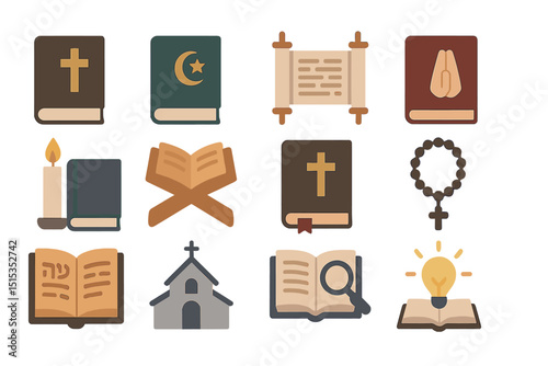 Religious symbol icons: bible, quran, scroll, church, candle, prayer, rosary, lightbulb