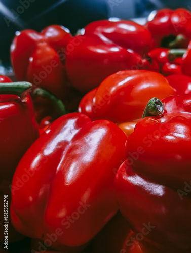 fresh red bell peppers at a farmers market