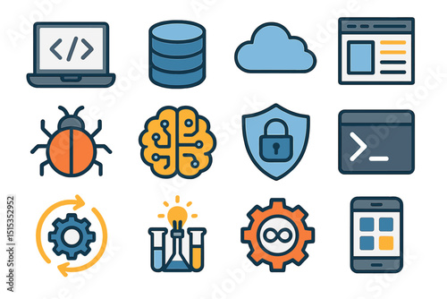 Technology icons: programming, cloud, security, ai, development, tools