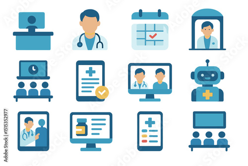 Medical technology icons featuring doctors, robots, and calendar