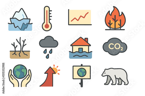 Climate change icons set illustrating global warming and environmental impact