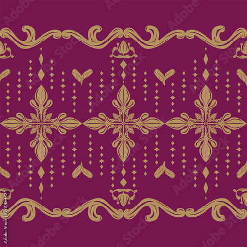 Elaborate Geometric Baroque Scroll Ornament With Gold Filigree Hand drawn on Burgundy Background. Golden Silk Byzantine Florals Illustration Striped Border Luxury Design for Interior Embroidery Silk  