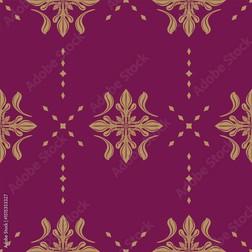 Traditional Baroque Geometric Design Twist Fleur de lis Byzantine Pattern with Gold Filigree on Red Burgundy Background. Royal Elaborate Rich Seamless Repeat Detailed Florals Decoration Embroidery Rug