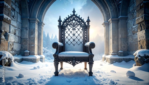 Snowcovered throne with winter castle.