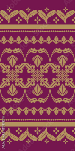 Intricate Royal Golden Silk Weaves Embroidery on Red Burgundy Background Elegance Pattern. Sense of Luxury Decoration Interior Exterior Apparel Silk Dress Attire Border Striped Scroll Ornament Wedding