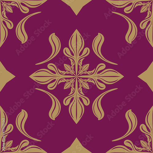 Exquisitely Royal Florals Leaves detailed Baroque Victorian Style with Royal Gold Ornament On Burgundy Background. Repeat Seamless Delicate Flourish Classy Timeless Luxury Pattern for Canvas Wallpaper