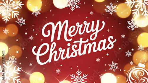 A festive merry christmas design with snowflakes and bokeh lights on red background