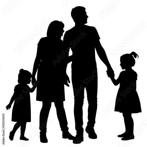 Silhouette family together, holding hands, happy mood, black color, vector illustration