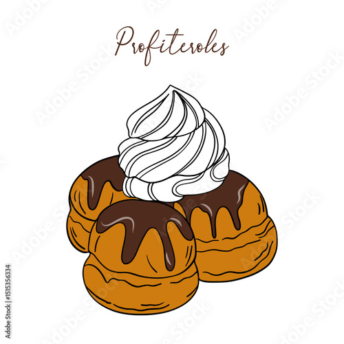 Appetizing profiteroles with cream and chocolate sweet baked dessert confectionery. Baked sweet treats dessert. Outline food art pastry