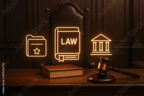 The scales of justice concept with court, book and gavel on table. Symbolic representation of law and order.