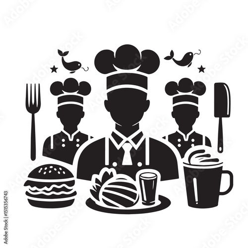 Black Color Food Service job Training Silhouette Vector Illustration, Solid White Background