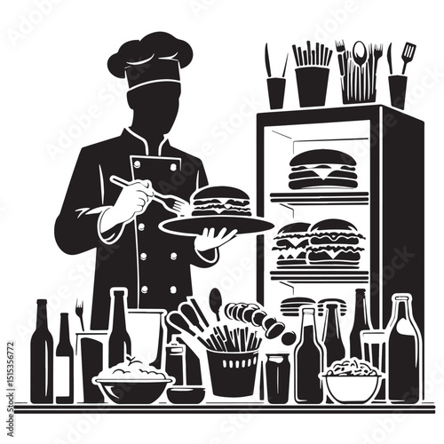 Black Color Food Service job Training Silhouette Vector Illustration, Solid White Background