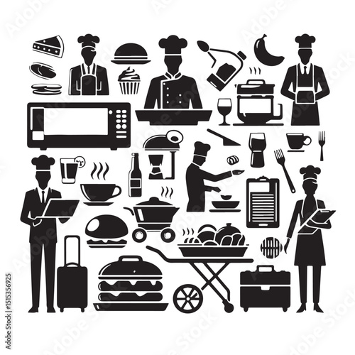 Black Color Food Service job Training Silhouette Vector Illustration, Solid White Background