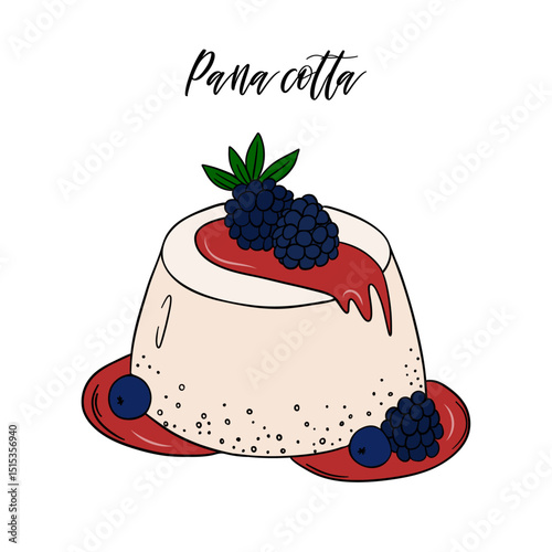 Appetizing and delicious panna cotta dessert  with berries and fruit sauce sweet baked dessert confectionery. Baked sweet treats dessert. Outline food art pastry
