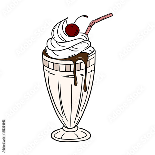 Appetizing and delicious sweet milkshake milk cocktail dessert with whipped cream and chocolate. Sweet treats dessert. Outline food art