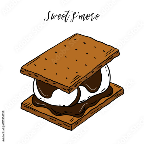 Appetizing and delicious sweet s'more dessert with marshmallow and chocolate with cookies. Camping snack for campfire. Baked sweet treats dessert. Outline food art pastry