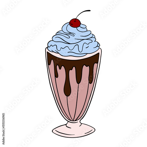 Appetizing and delicious sweet milkshake milk cocktail dessert with whipped cream and chocolate. Sweet treats dessert. Outline food art
