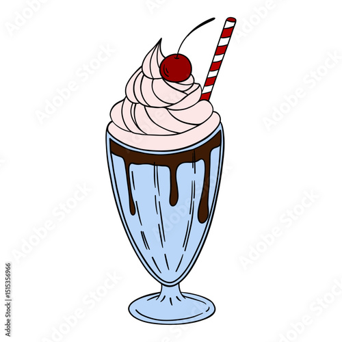 Appetizing and delicious sweet milkshake milk cocktail dessert with whipped cream and chocolate. Sweet treats dessert. Outline food art