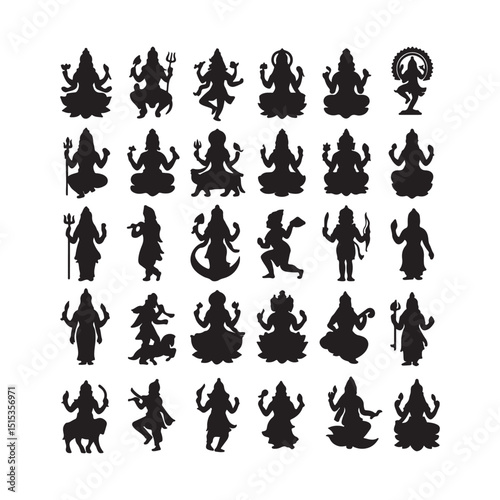 Black silhouette illustrations of various hindu gods and goddesses for spiritual themes