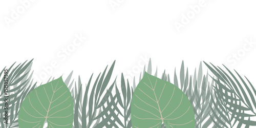 Lush green tropical leaves forming a frame on white background with space for text. Ideal for flyers, invitations, posters, banners, and digital media