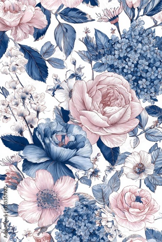 Colorful Floral Pattern Featuring Peonies, Roses, and Various Blooms in Intri...