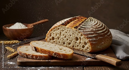 Slicing Fresh Sourdough Bread on Wooden Board
