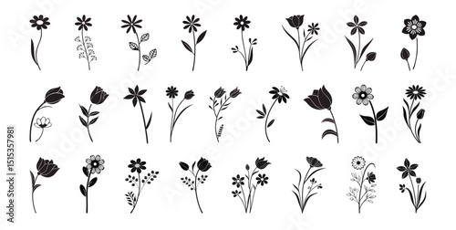 Black Flower Vector Silhouettes – Flat Icons of Tulips, Daisies, Lotuses, and Abstract Blossoms for Floral Designs and Patterns