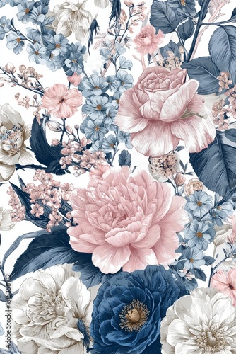 Floral Pattern With Peonies and Blue Leaves in Soft Pastel Colors for Elegant...