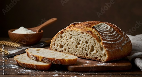 Sourdough Bread Loaf with Slices on Wood Table, Rustic Style