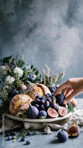 Fresh Fruits and Bread Arrangement on Table With Hand Reaching for Figs