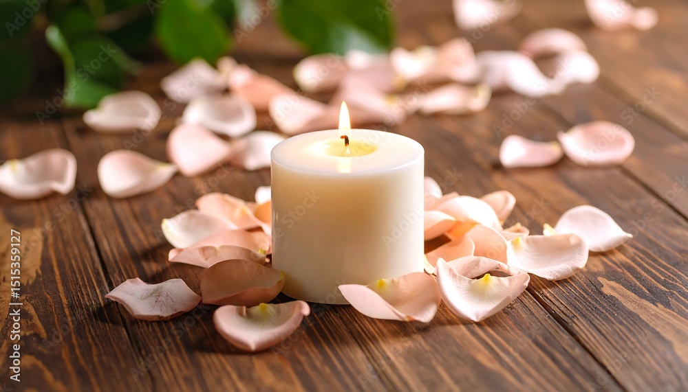 Lit candle with rose petals, and wood table. Lit candle with rose petals, and wood table.