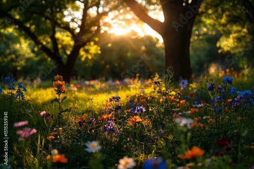 Sunshine Filtering Through Trees Illuminates a Vibrant Flower Field at Golden...