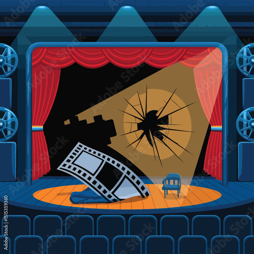 vector icons for cinema, Director's Chair , theatrical roles, video tape, cinema shattered spotlight, Theater Ticket
