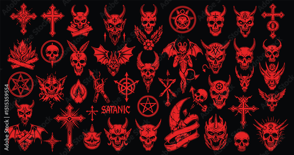 Φωτογραφία Demonic & Occult Tattoo Art: A comprehensive set of red devil and dark themed tattoo designs, perfect for bold and edgy body art, featuring skulls, pentagrams, and symbols for a striking aesthetic