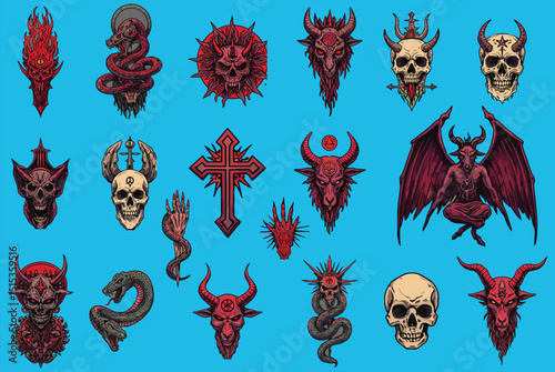 Dark Tattoo Designs: A striking collection of infernal and gothic motifs, perfect for bold body art, featuring demonic skulls, horned devils, and occult symbols, ideal for a rebellious or mystical.