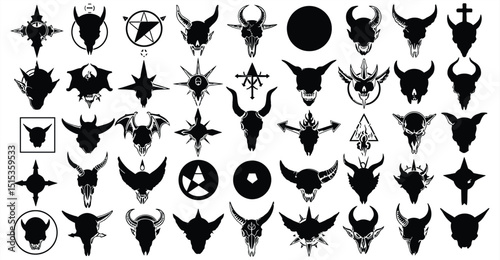 Horror & Esoteric Tattoo Set: An extensive array of sinister and mystical tattoo patterns, showcasing abstract horned figures and unsettling motifs, designed for those seeking powerful and unique ink.