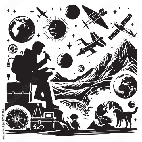 Black Color Geology & Earth Sciences Silhouette Vector Illustration, Solid White Background